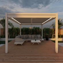 Load image into Gallery viewer, Aluminum White Pergola Gazebo with Louvered Roof 4m x 4m with 4 drop curtains and LED lights
