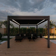 Load image into Gallery viewer, Aluminum Grey Pergola Gazebo with Louvered Roof 3m x 4m with 4 drop curtains and LED lights
