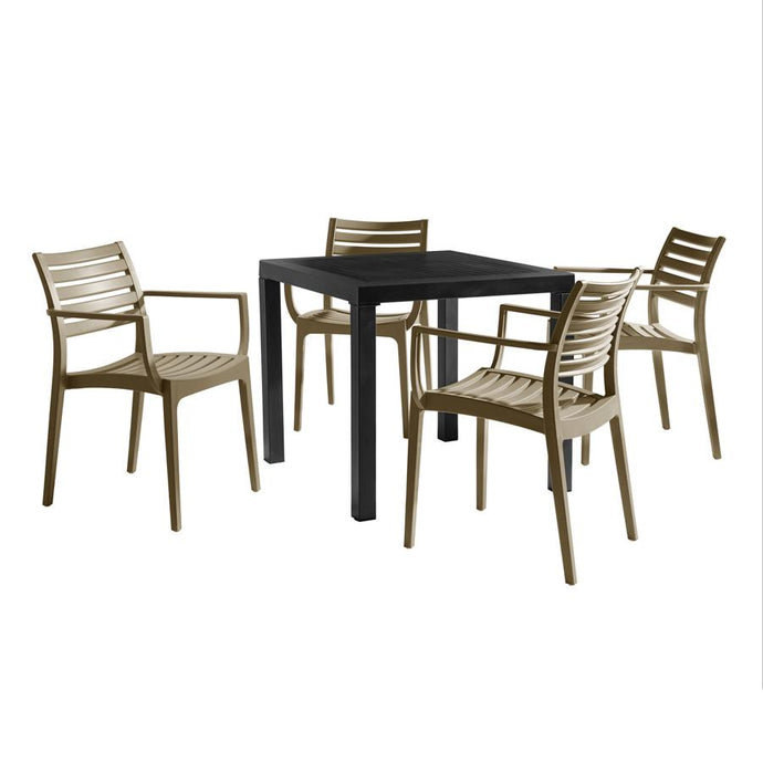 Outdoor Commercial Grade Four Seat 80cm Square Resin Dining Set with Taupe rein armchairs | Luxury commercial furniture