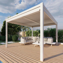 Load image into Gallery viewer, Aluminum White Pergola Gazebo with Louvered Roof 3m x 4m with 4 drop curtains and LED lights
